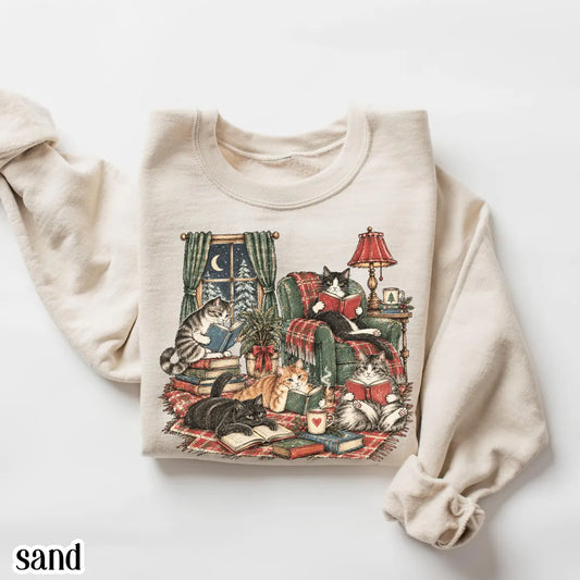 Christmas Cat Sweatshirt Reading Books Christmas Cat Sweater